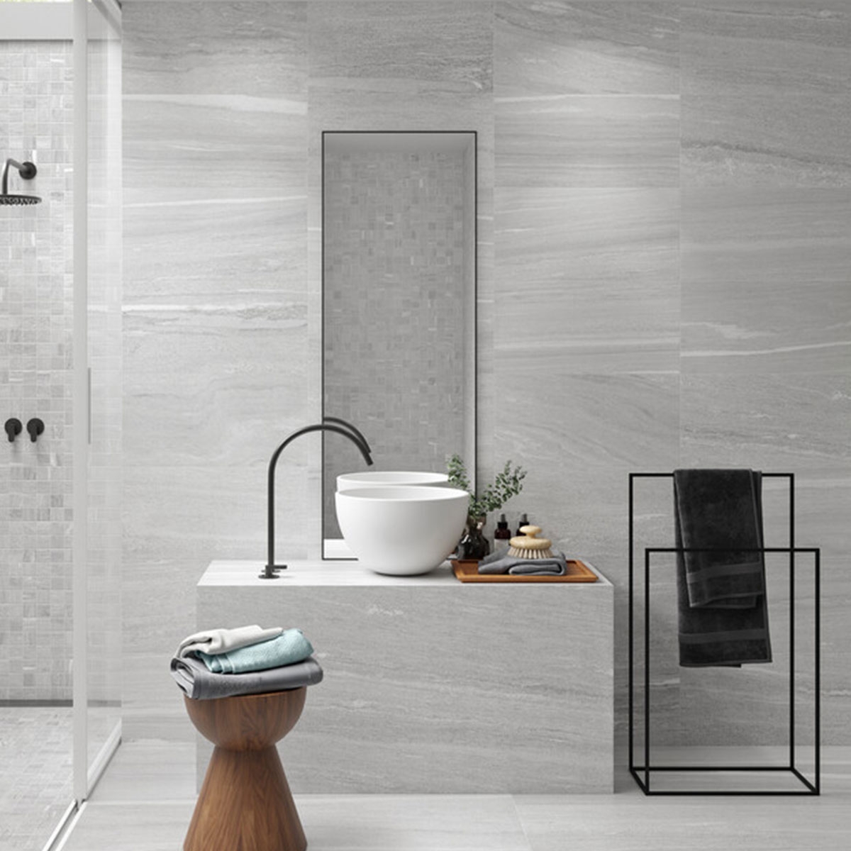 Baño con pavimento y revestimiento North Grey 30x60