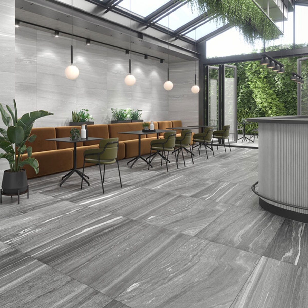 Interior con pavimento North Grey 60x120