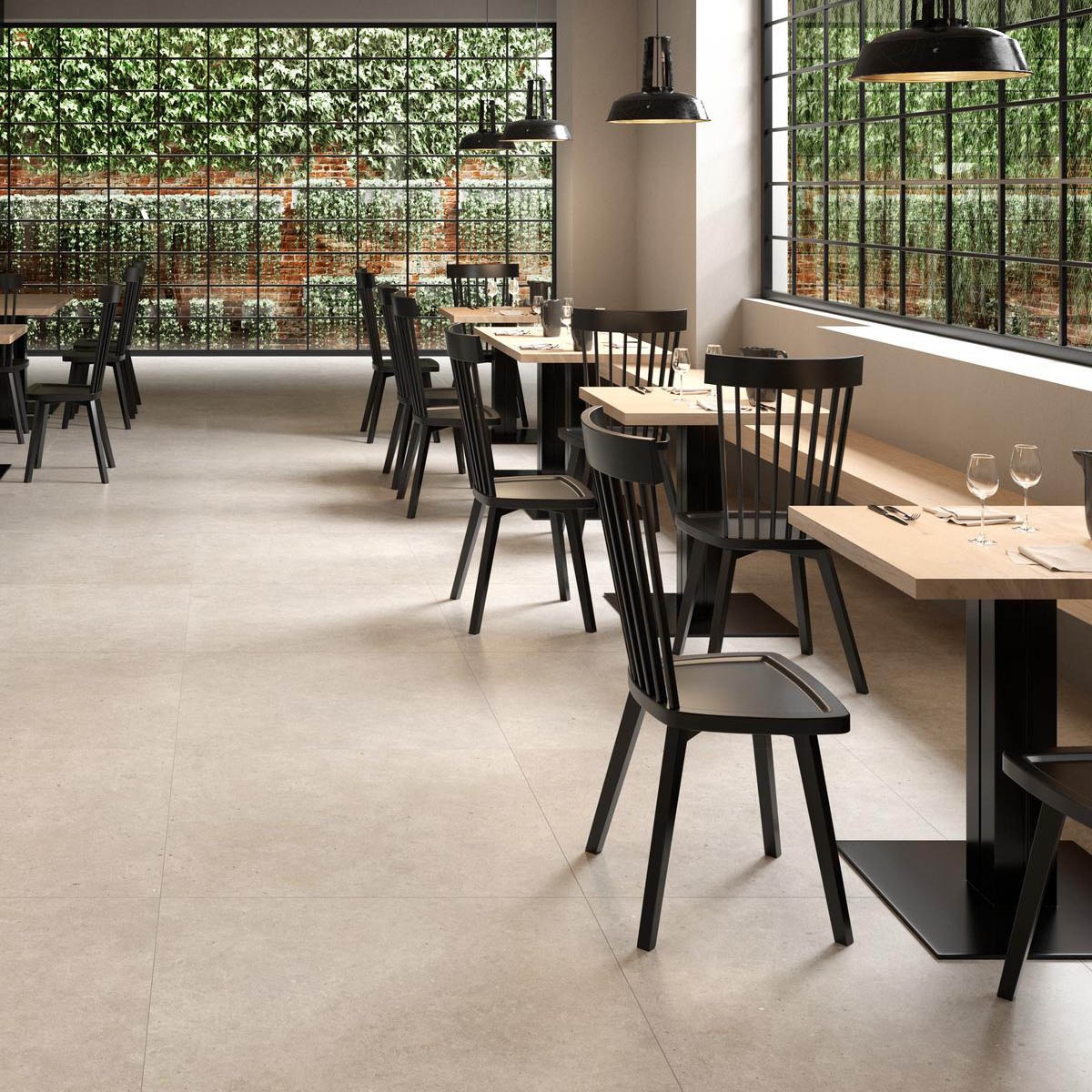 Restaurante con Pavimento Moon White 90x90