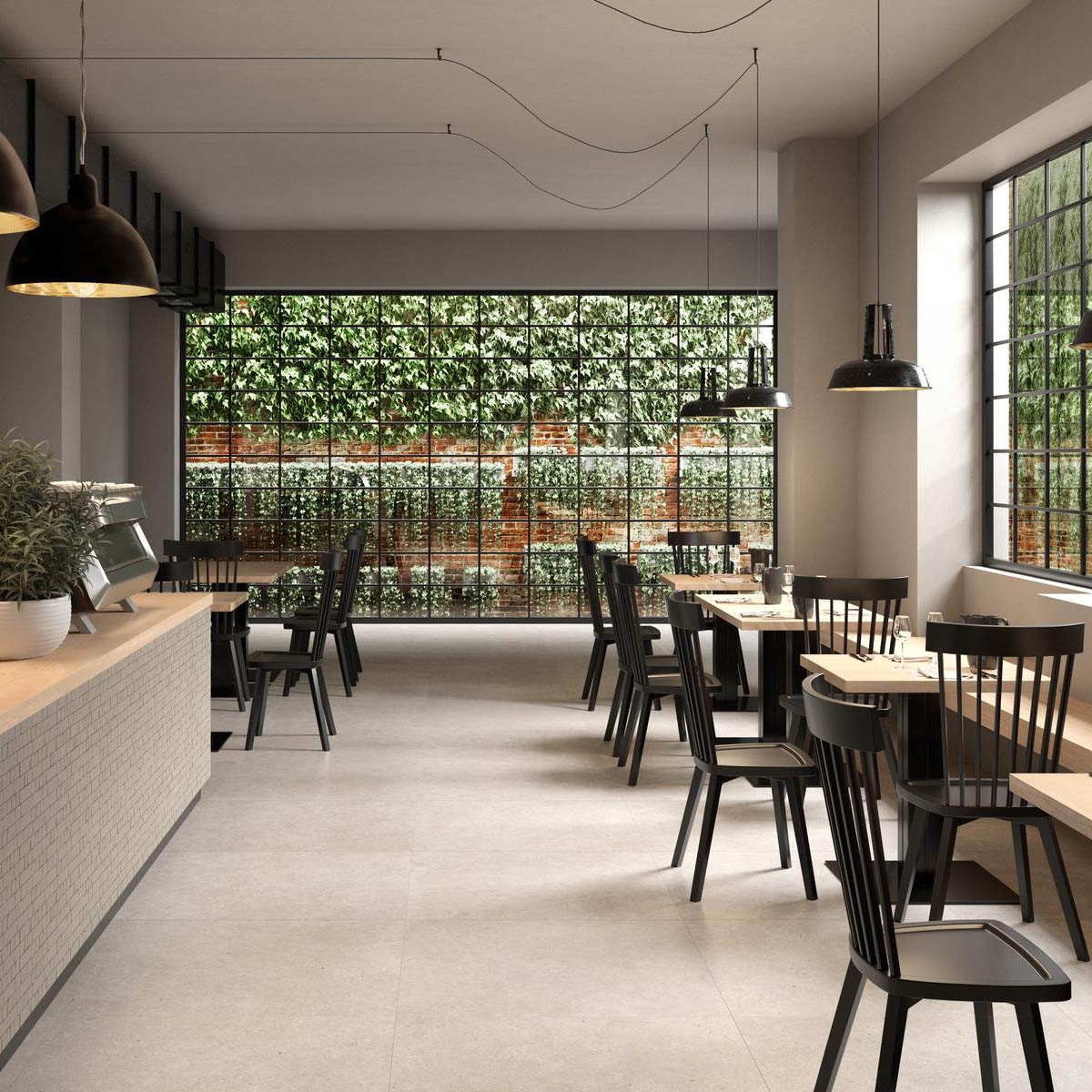 Restaurant avec revêtement mosaïque Lune Spaccatella blanc 30x30