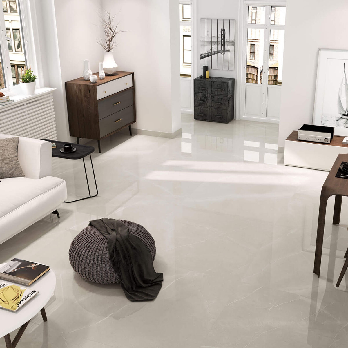 Interior con pavimento Venecia 1804 Perla 98x98