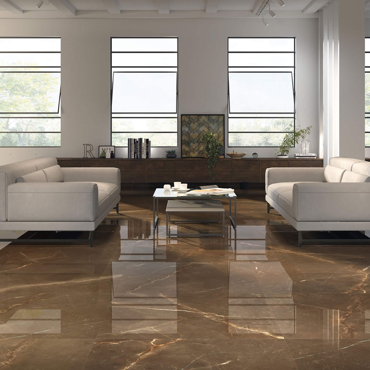 Interior com pavimento Venecia 1804 Tabaco 98x98