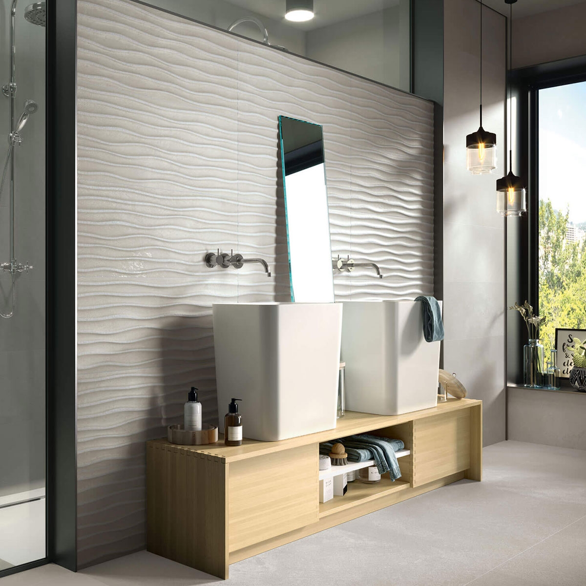 Salle de bain avec revêtement Tribeca 8213 Relief Grey 33.3x80 (Boîte 1.598m2)