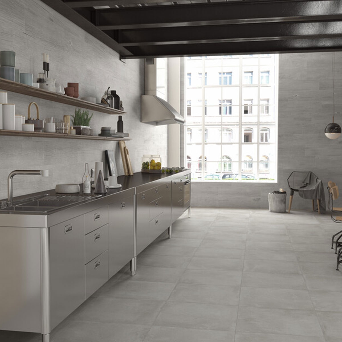 Interior con pavimento Powder Argent 60x60