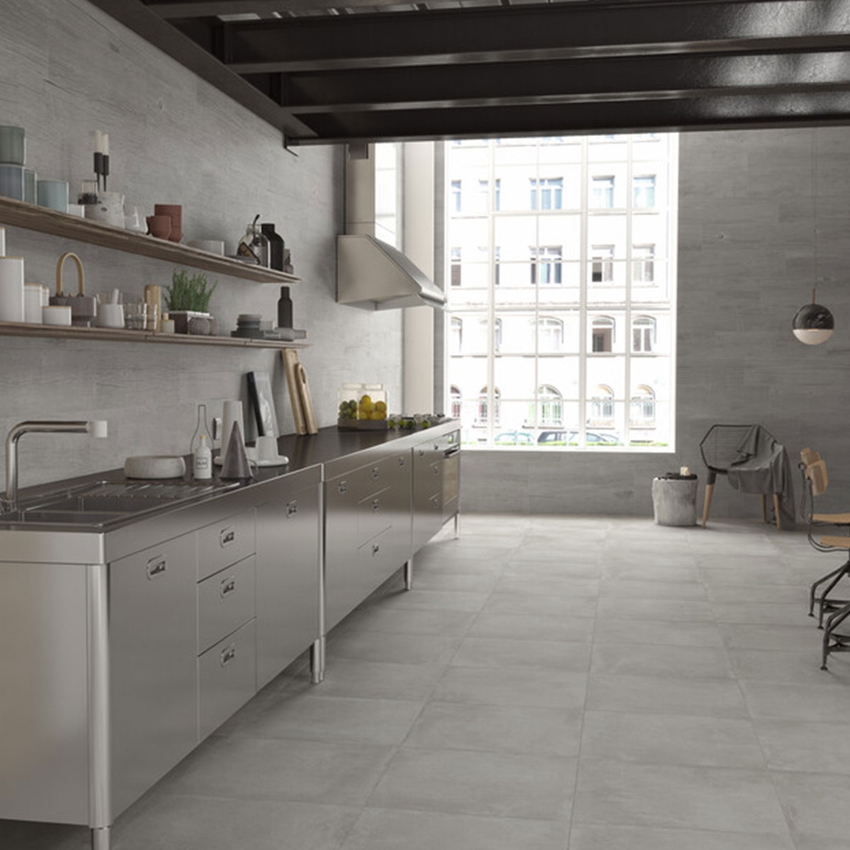 Interior con pavimento Powder Concrete 60x60