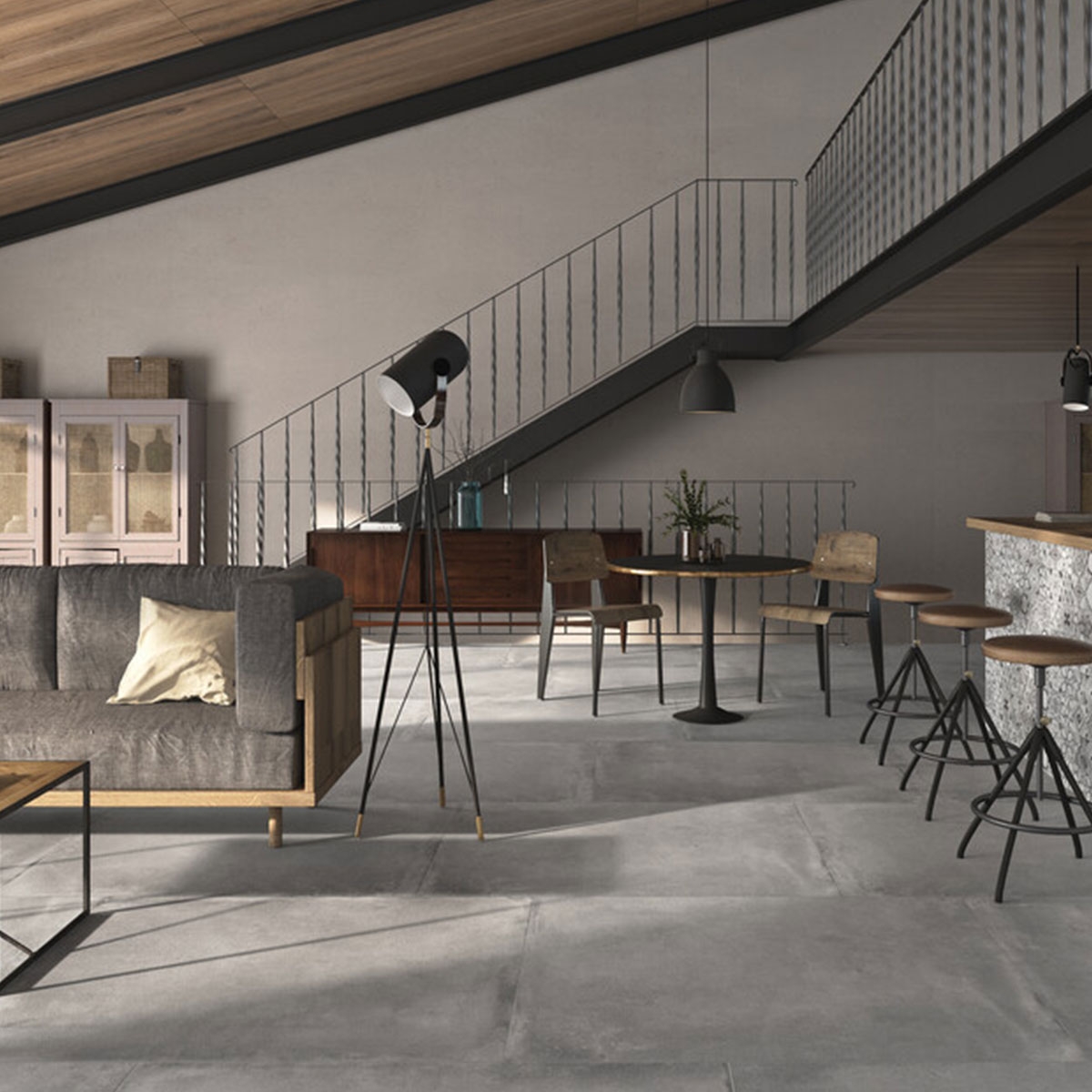 Interior con pavimento Powder Concrete 90x90