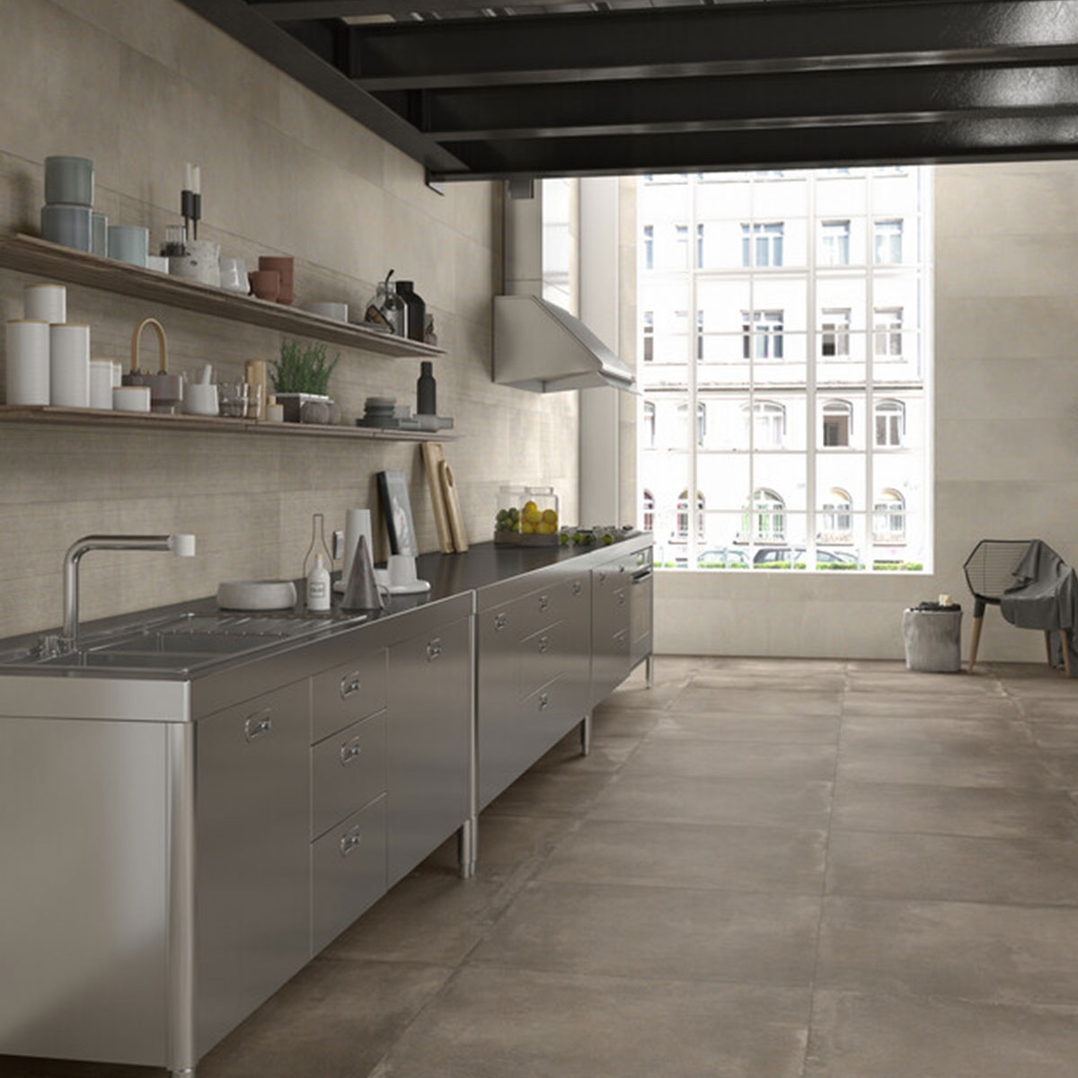 Interior con pavimento Powder Ambre 90x90