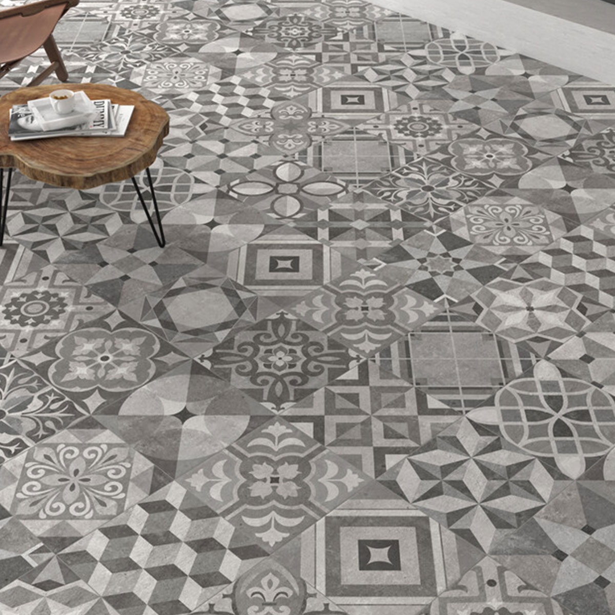 Interior con pavimento Powder Decor Cold 60x60