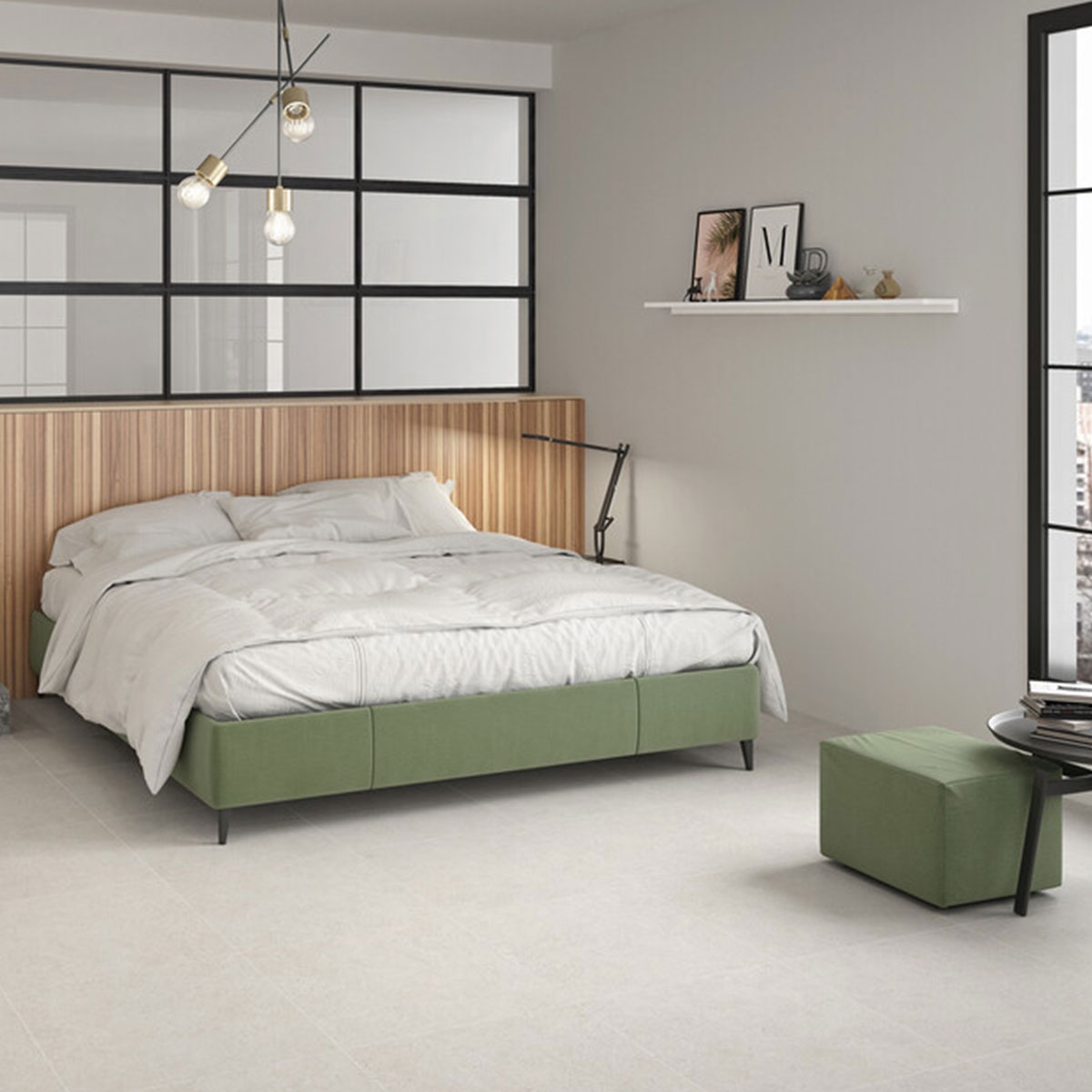 Interior com pavimento Kalksten Snow 60x60