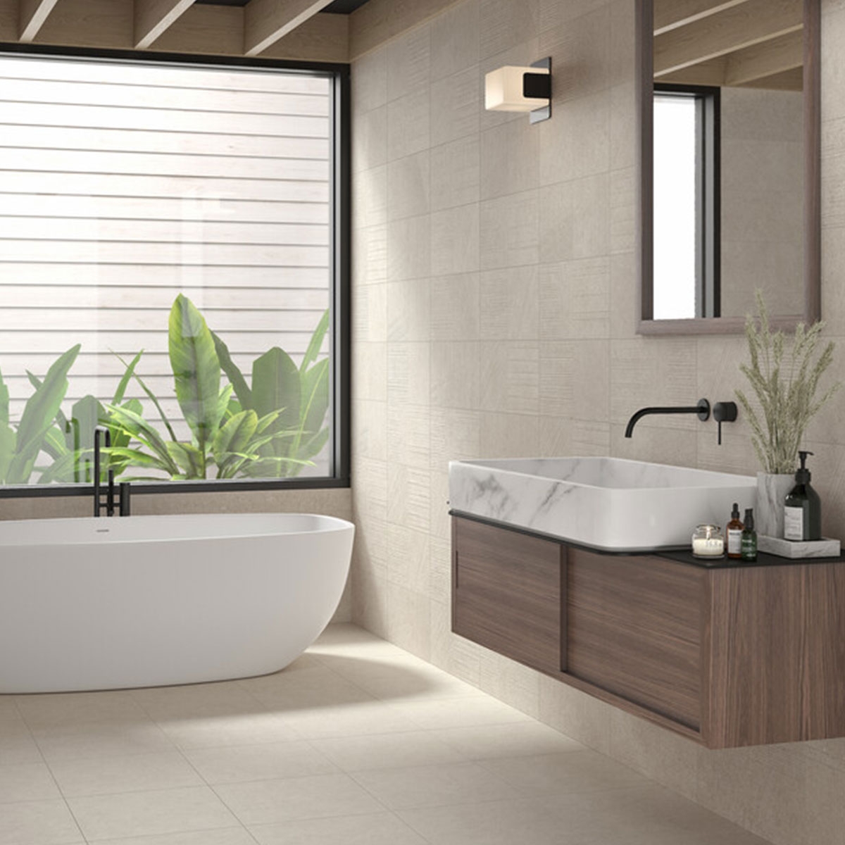 Baño con pavimento Kalksten Artic 60x60
