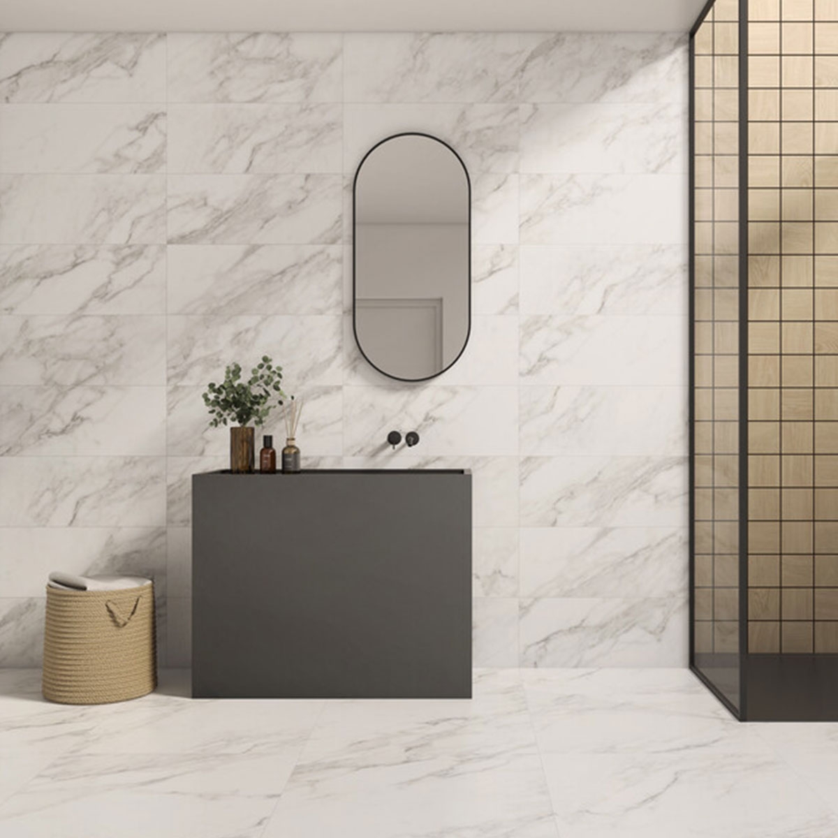 Baño con pavimento Magnus White 75x75