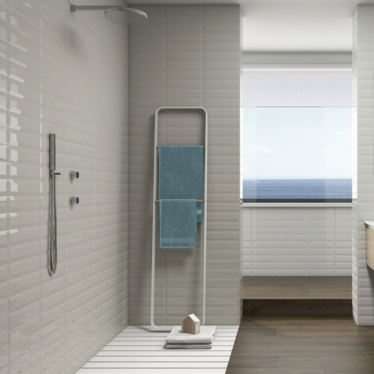 Bathroom with Adana Bevel Sage 7.5x30 cladding