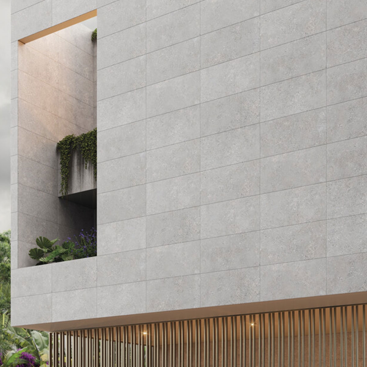 Fachada con revestimiento Astoria Max Argent 60x120