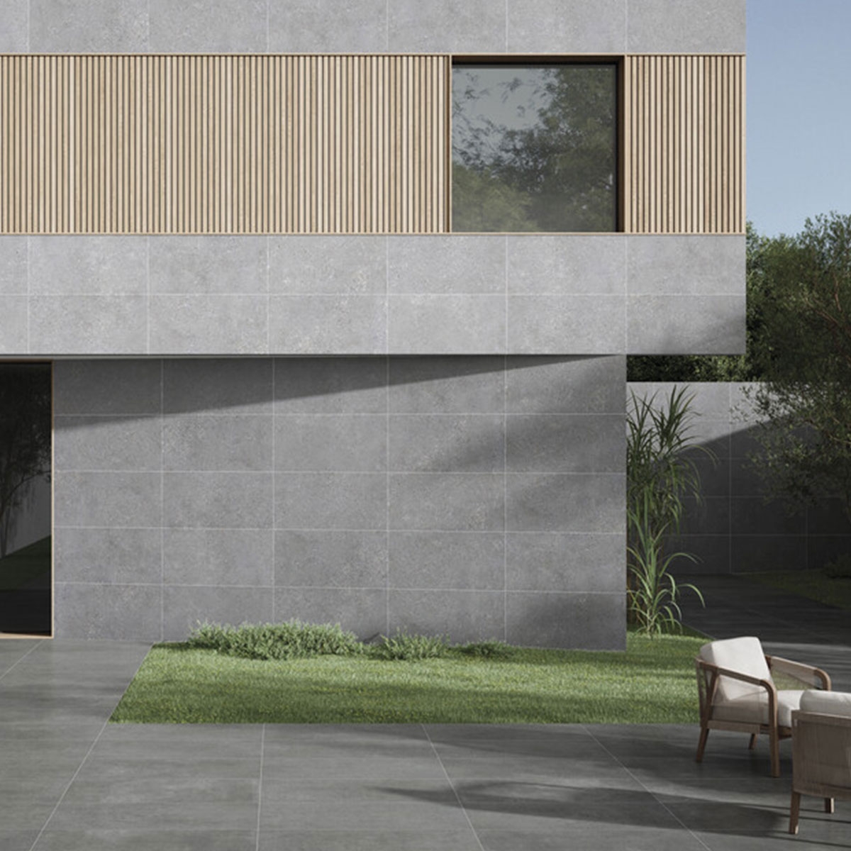 Fachada con revestimiento Astoria Max Greige 60x120