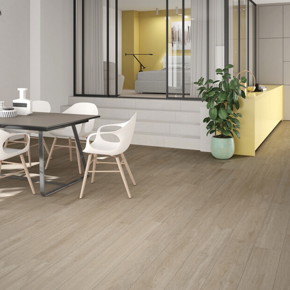 Interior con pavimento Augusta Brown 20x120