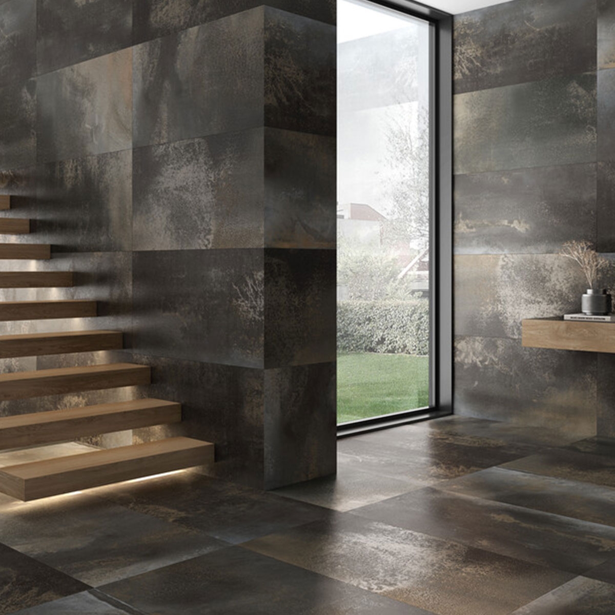 Interior con pavimento y revestimiento Aveyron Sombre 60x120