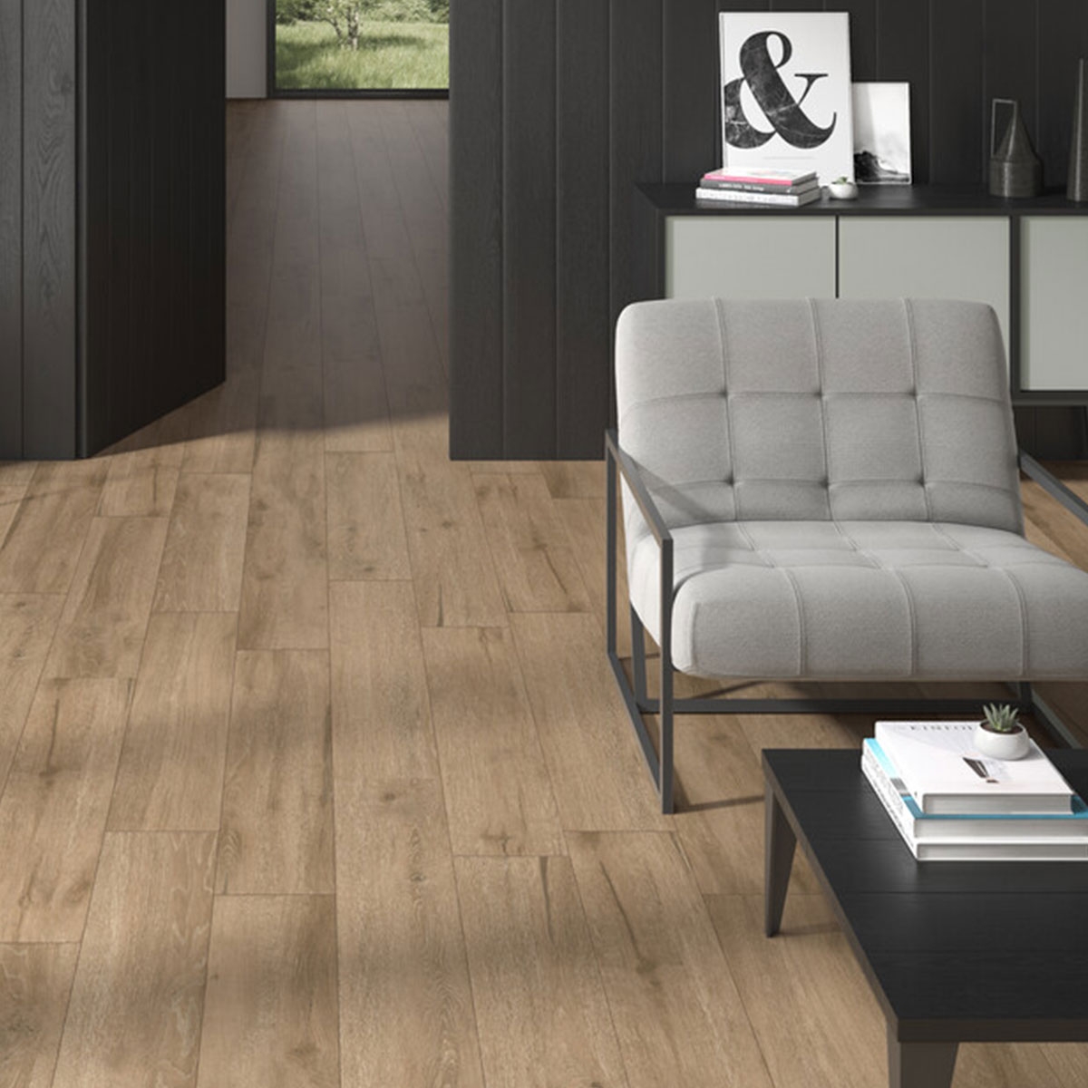 Interior con pavimento Balok Teka 20x120