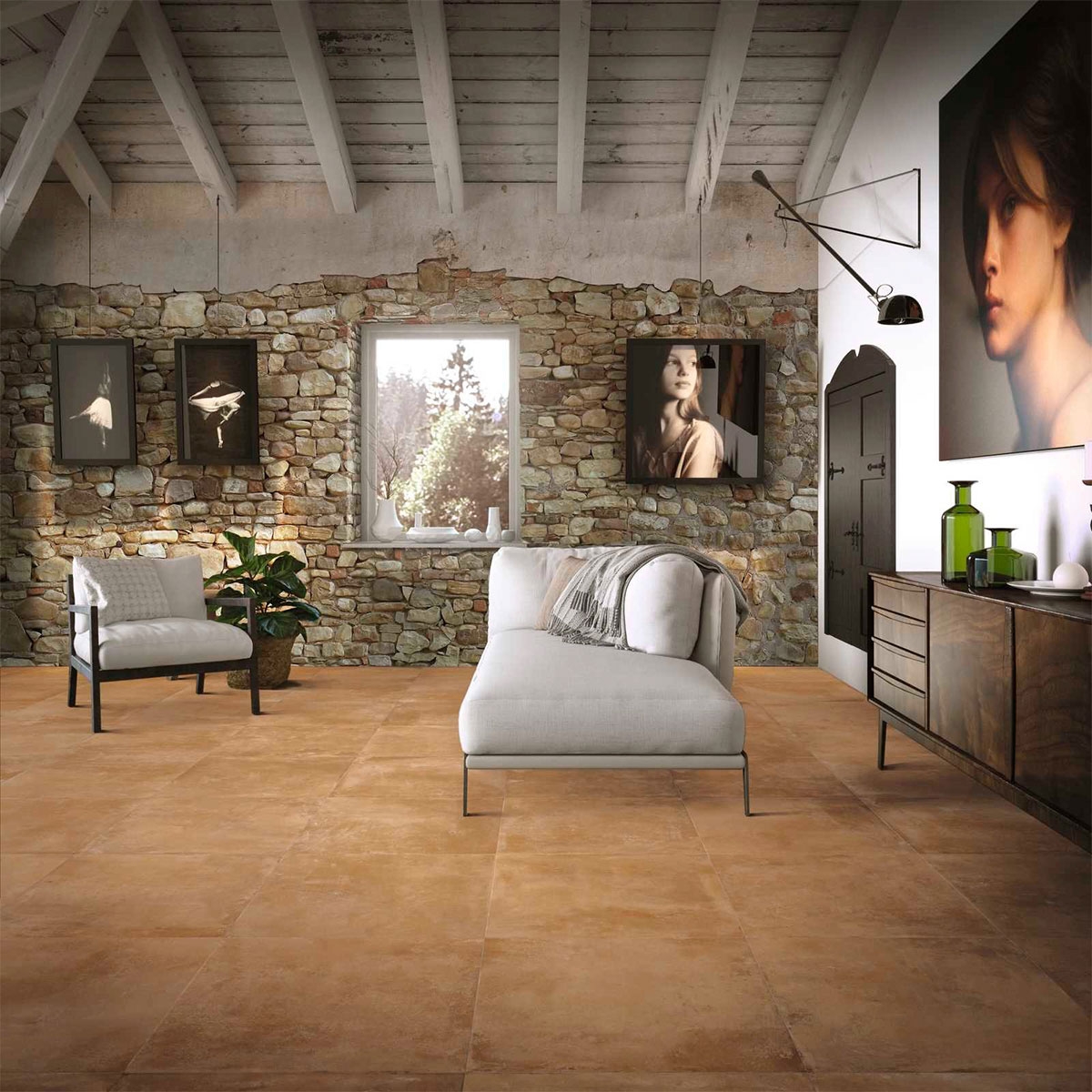 Interior con pavimento Cotti D'Italia Beige 60x60