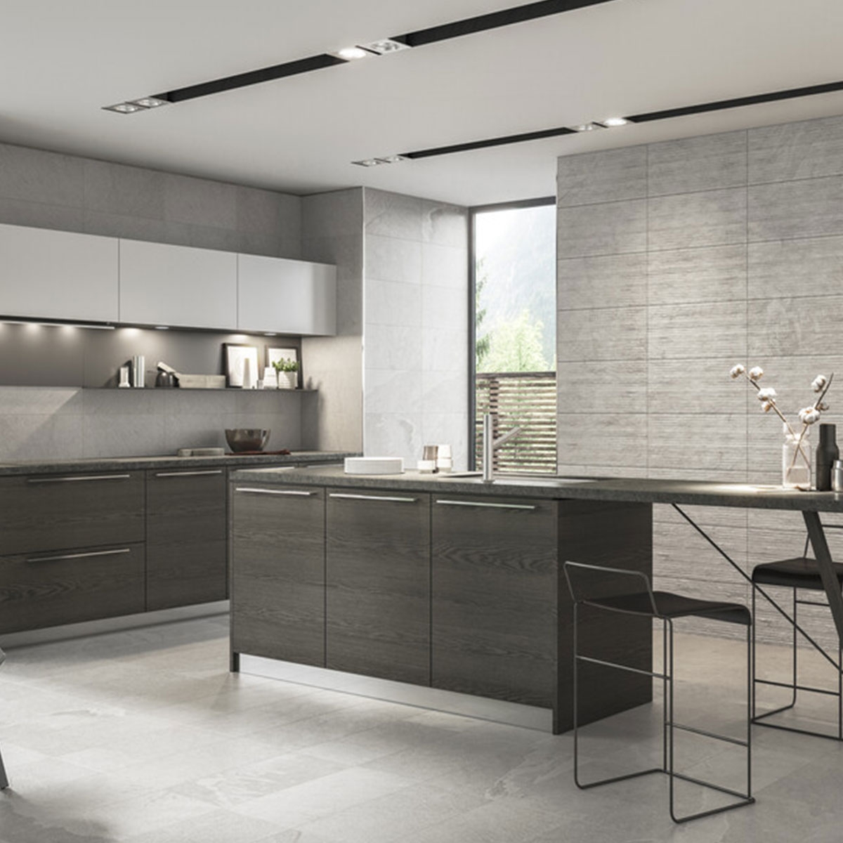 Interior con pavimento Black Peak White 30x60