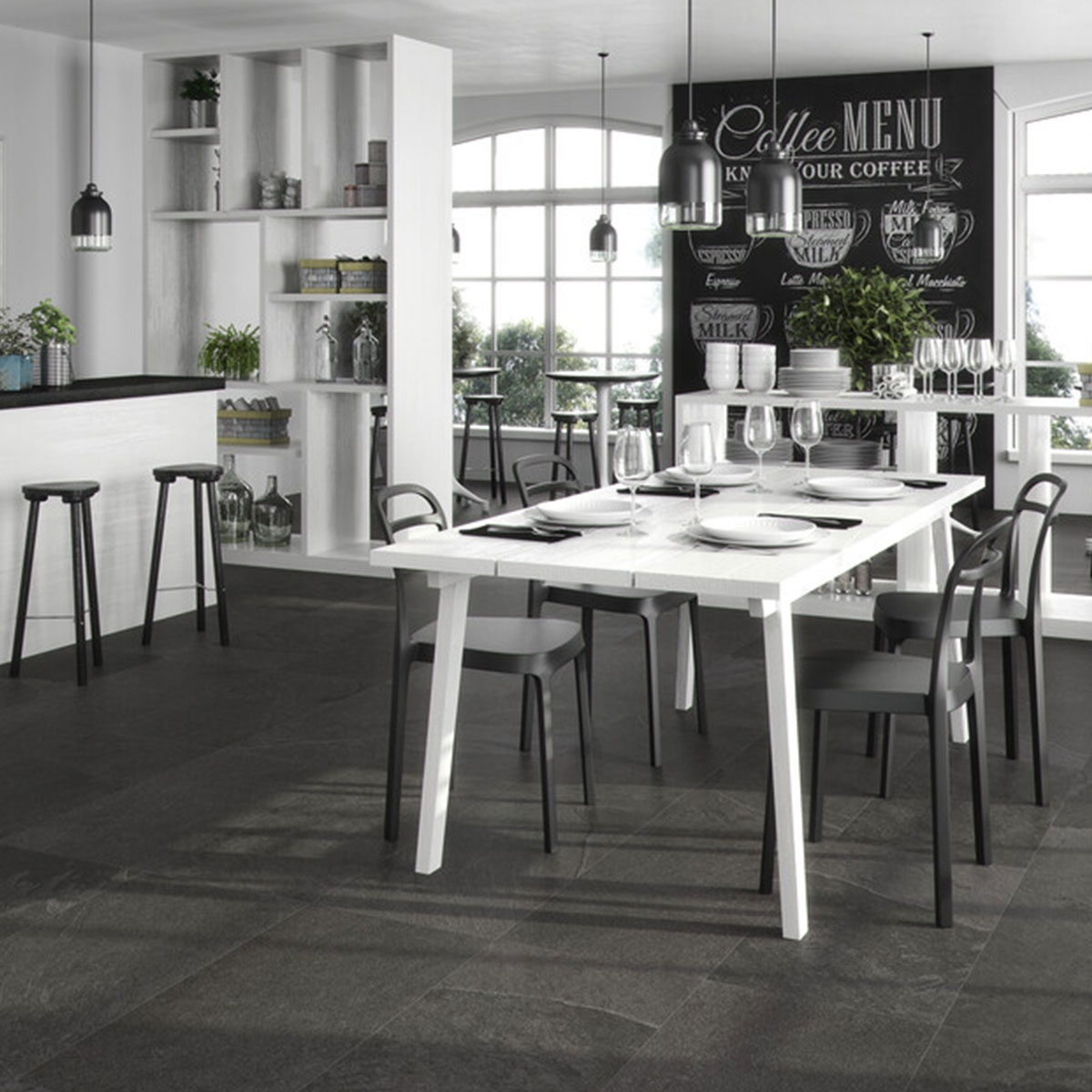 Interior con pavimento Black Peak Black 30x60