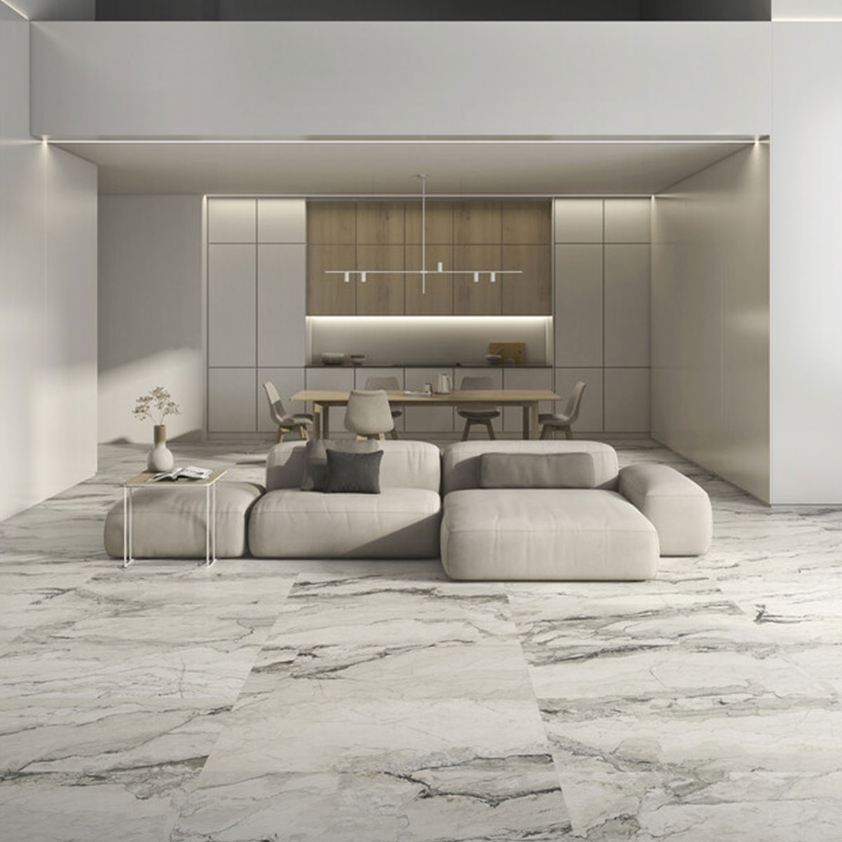 Interior com pavimento Breccia Lunare 120x120