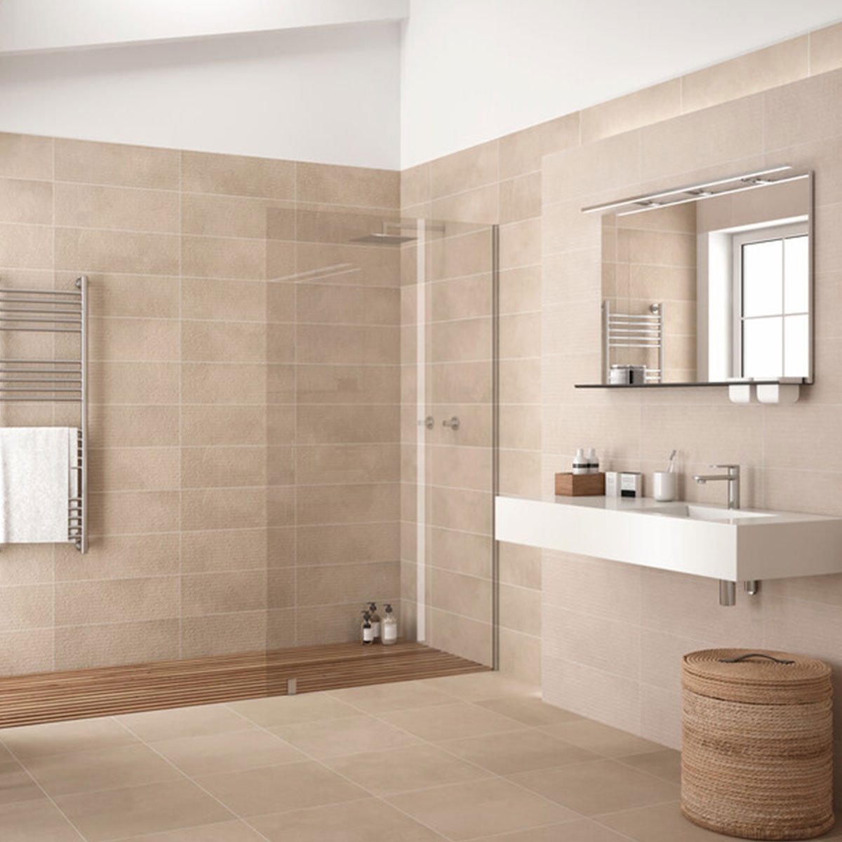 Badezimmer mit Caen Taupe 20x60 Abdeckung.