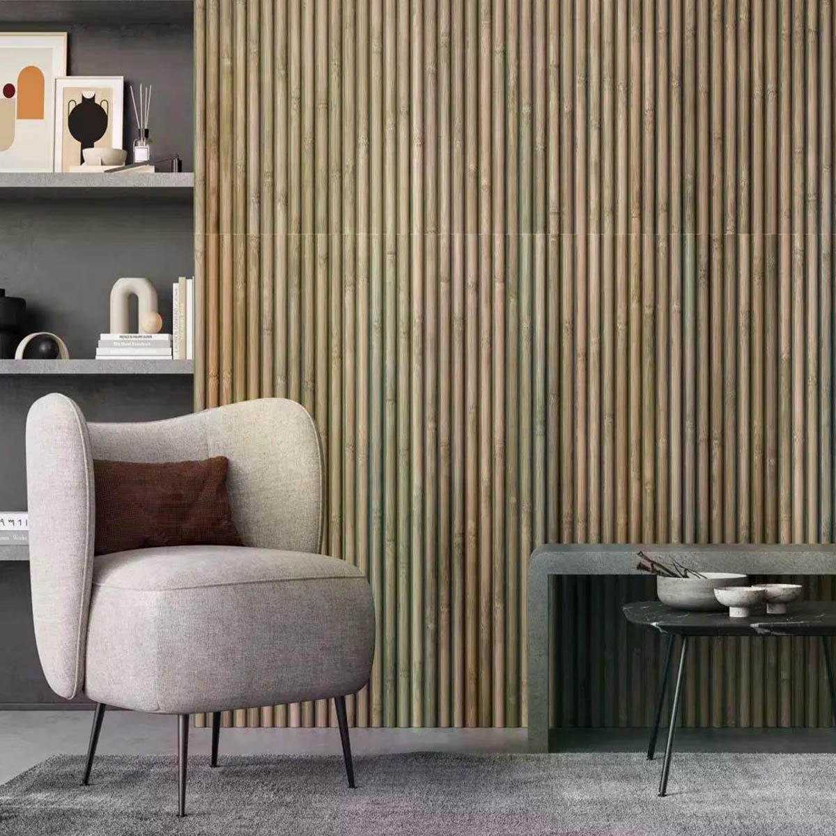 Salon avec revêtement en bambou et noyer 40x120