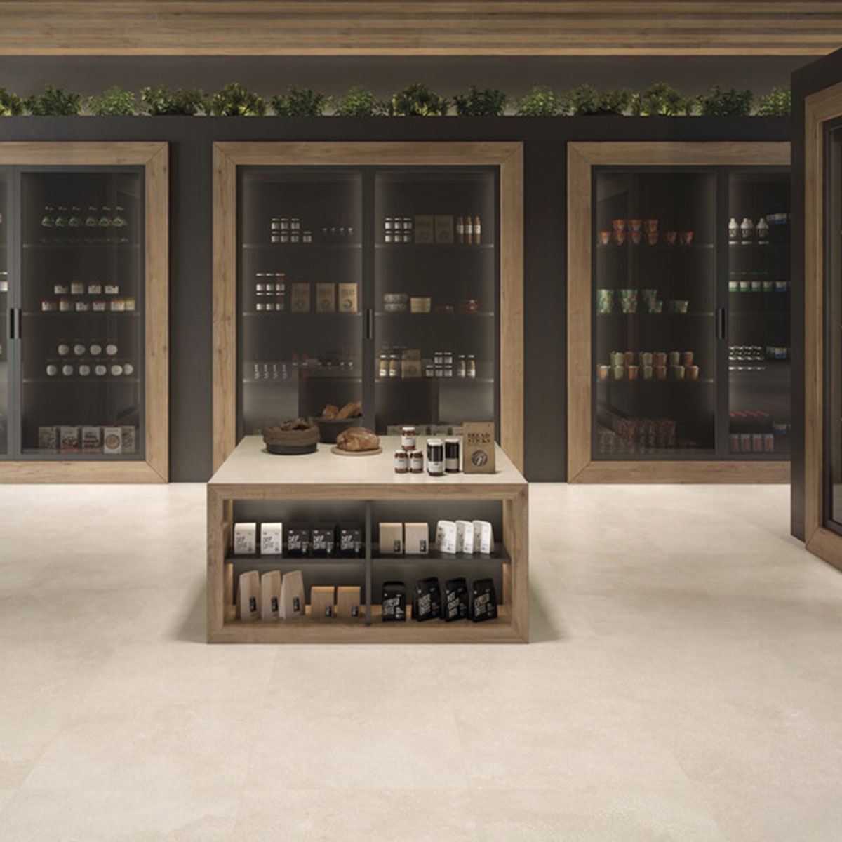 Interior con pavimento Corbin Max Sand 60x60