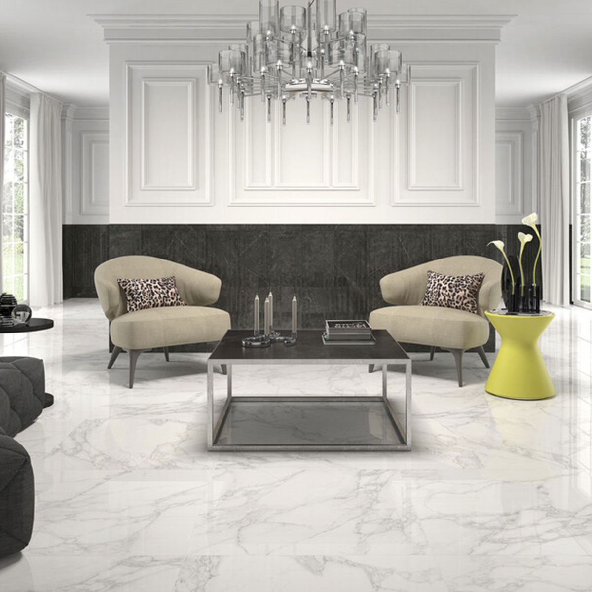 Interior con pavimento Crystal White 60x60