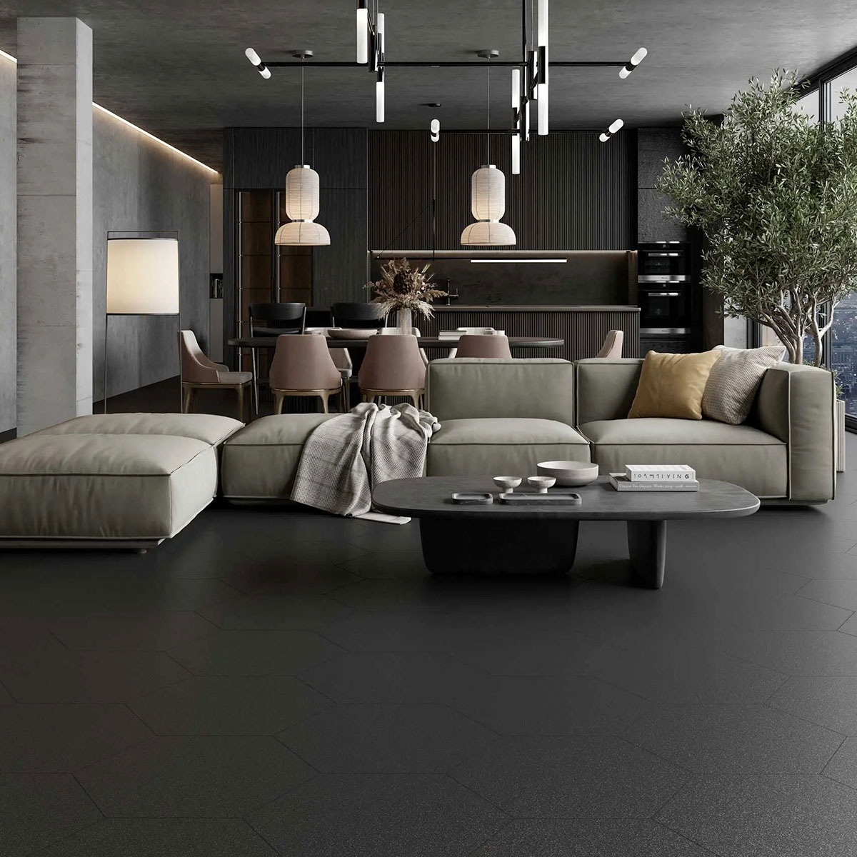 Interior com pavimento Argos Black 48,5x56 (Caixa 1,2m2)