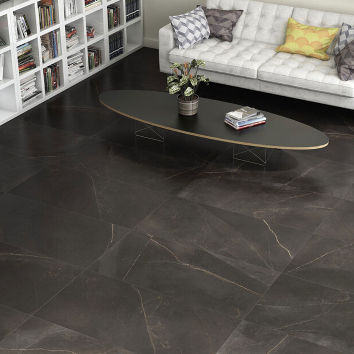 Interior con pavimento Emerita Dark 60x120