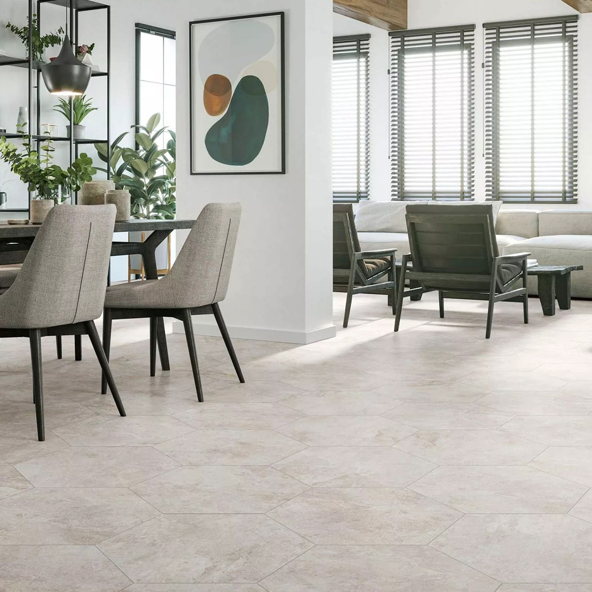 Sala con Pavimento Arlet White Antideslizante 56x48