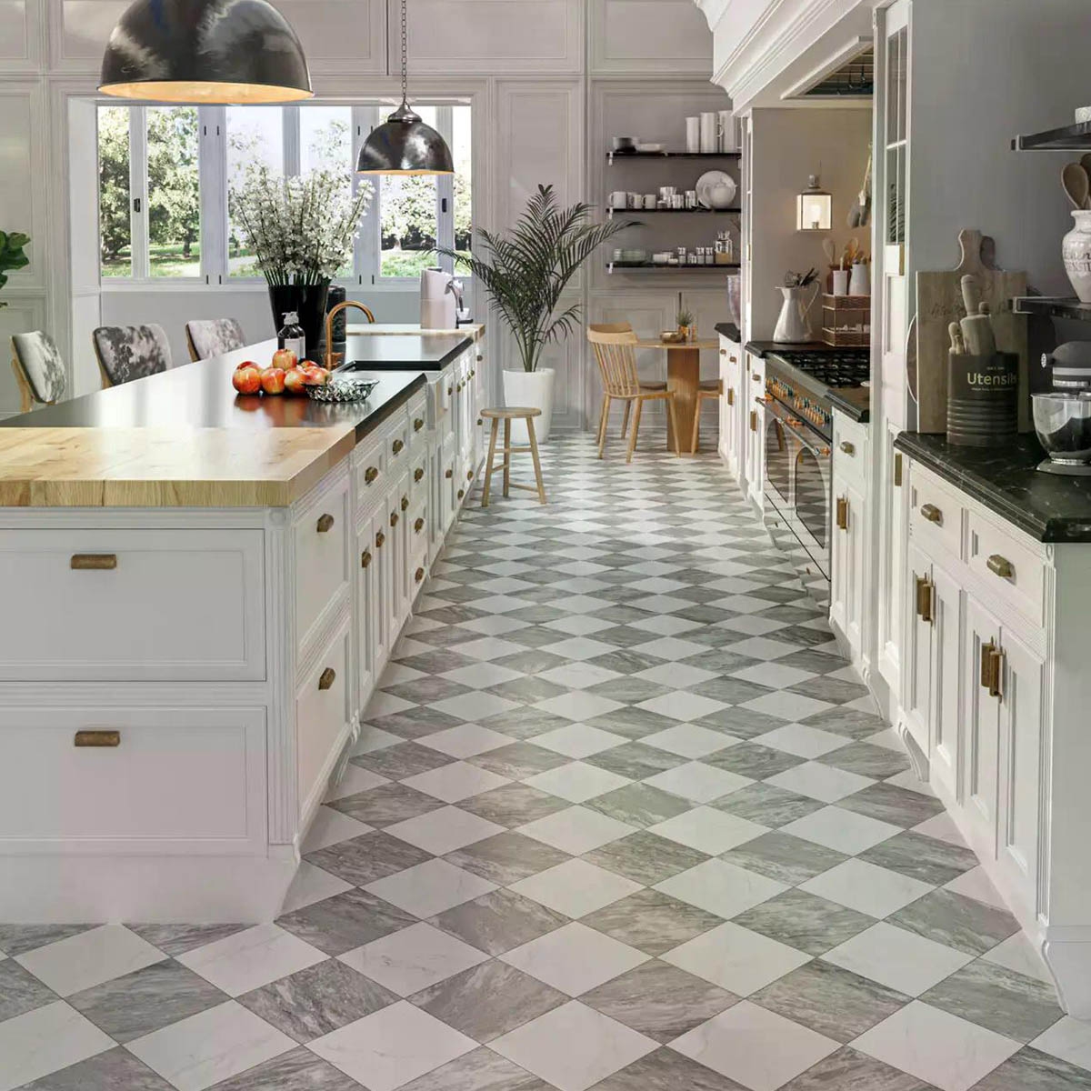 Cocina con Pavimento Chess Bardiglio 44x44