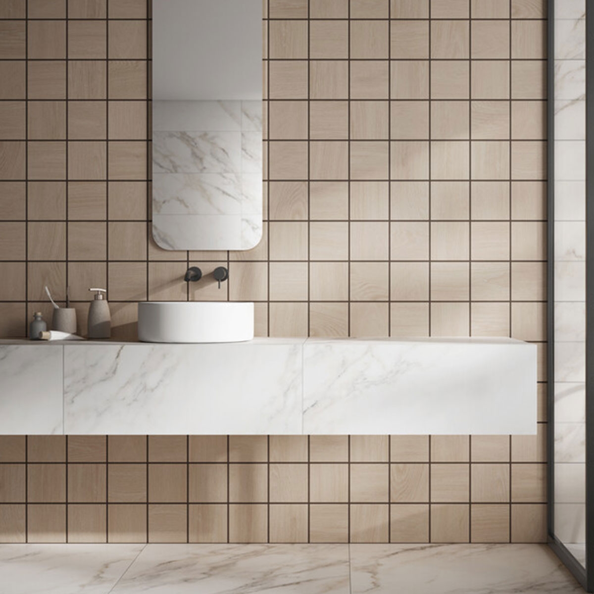 Badezimmer mit Eichenholzrahmenverkleidung 30x75