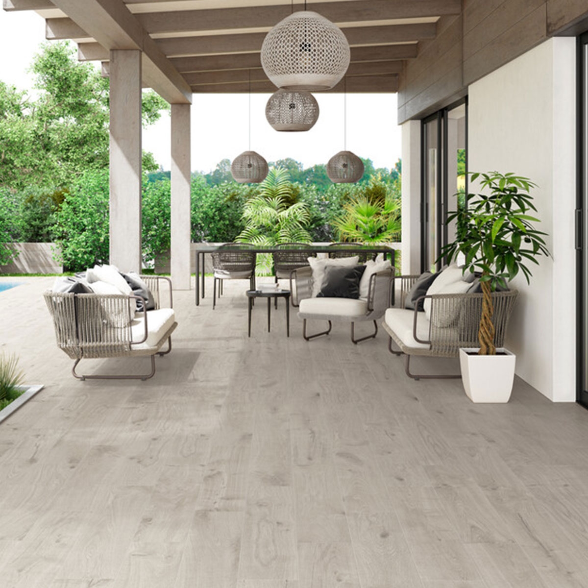 Exterior con pavimento Gardby Greige Antideslizante 23x120