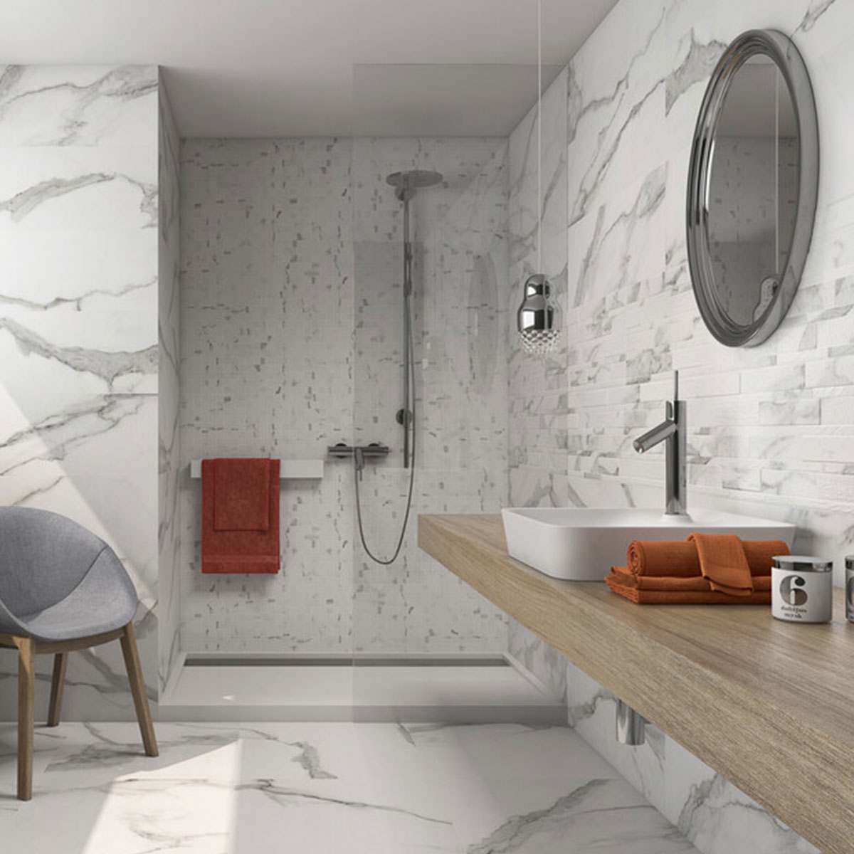 Baño con pavimento Godina White 60x120