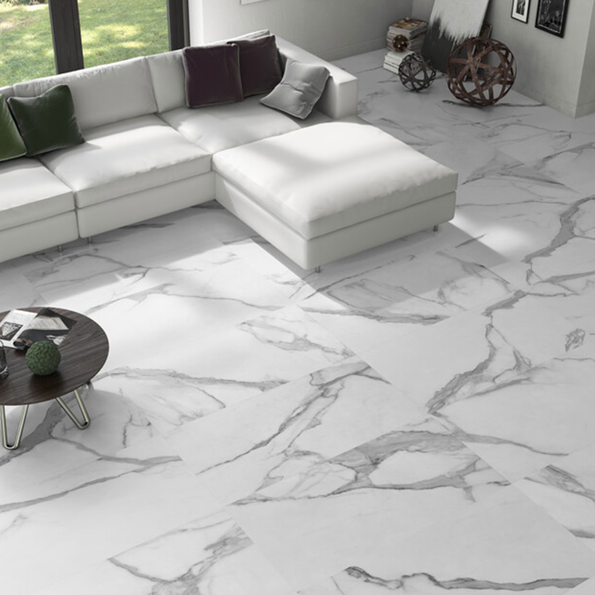 Interior con pavimento Godina White 60x120