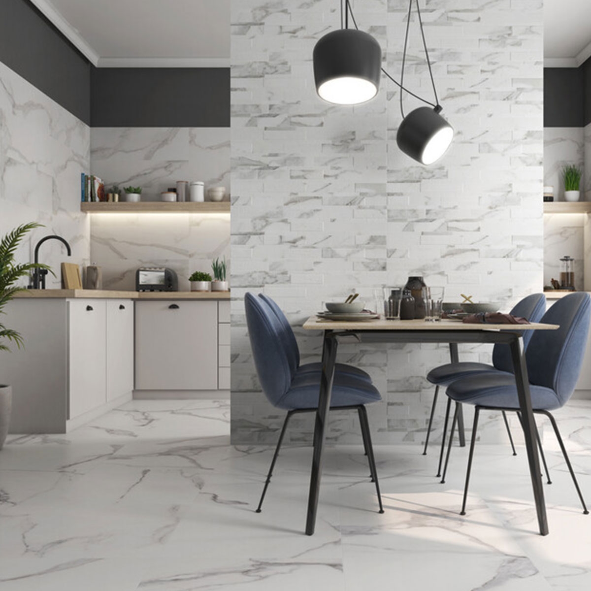 Interior con pavimento Godina White 60x60 (Caja 1.44m2)