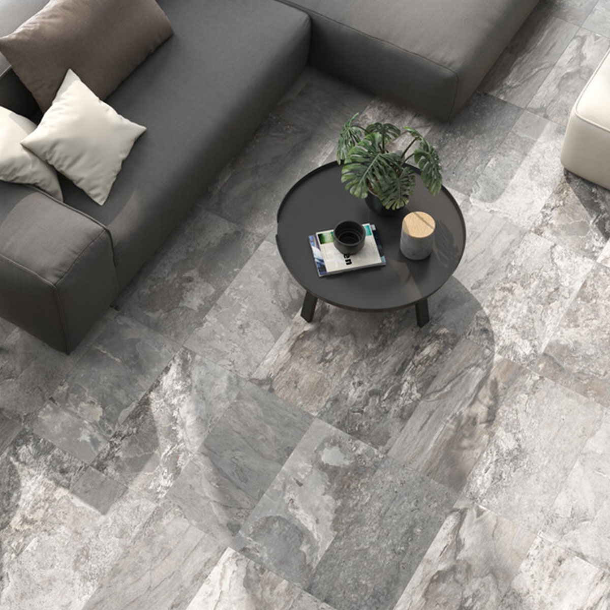 Interior con pavimento Granville Grey 30x60