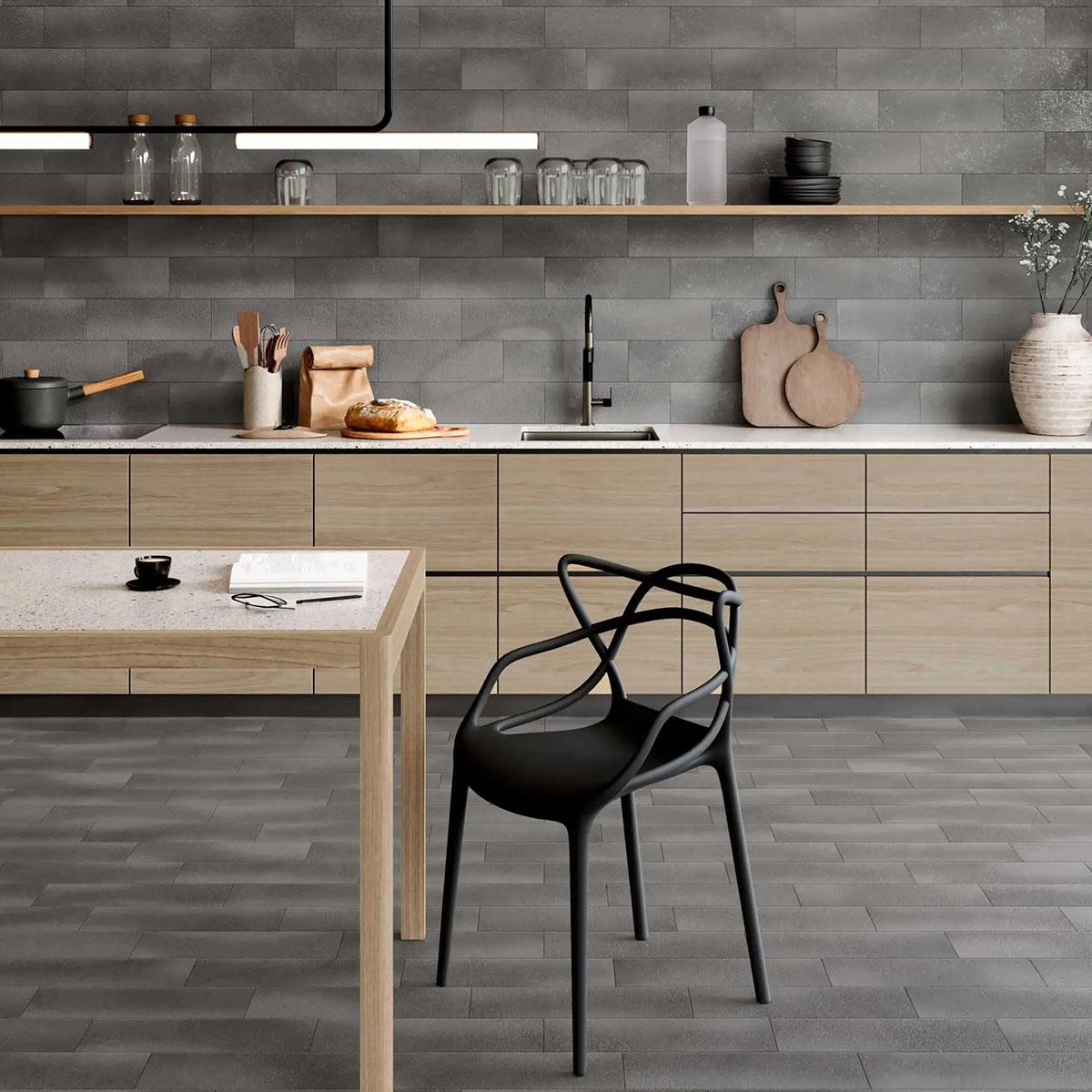 Kitchen with flooring and wall tile Atobon Grey 15x45 (Box 1.08m2)