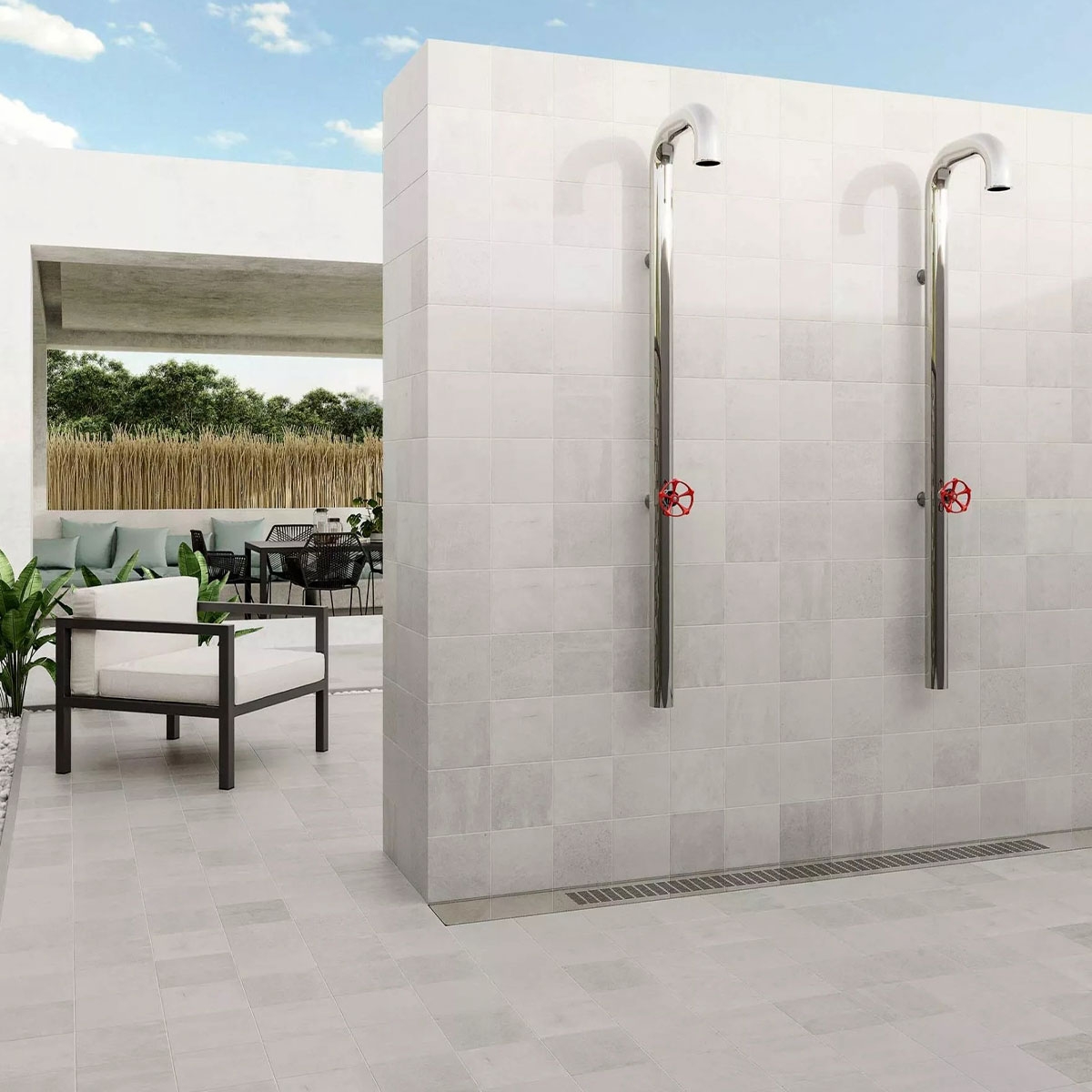 Exterior com pavimento e revestimento antiderrapante branco Bali 33x33 (Caixa 1,00m2)