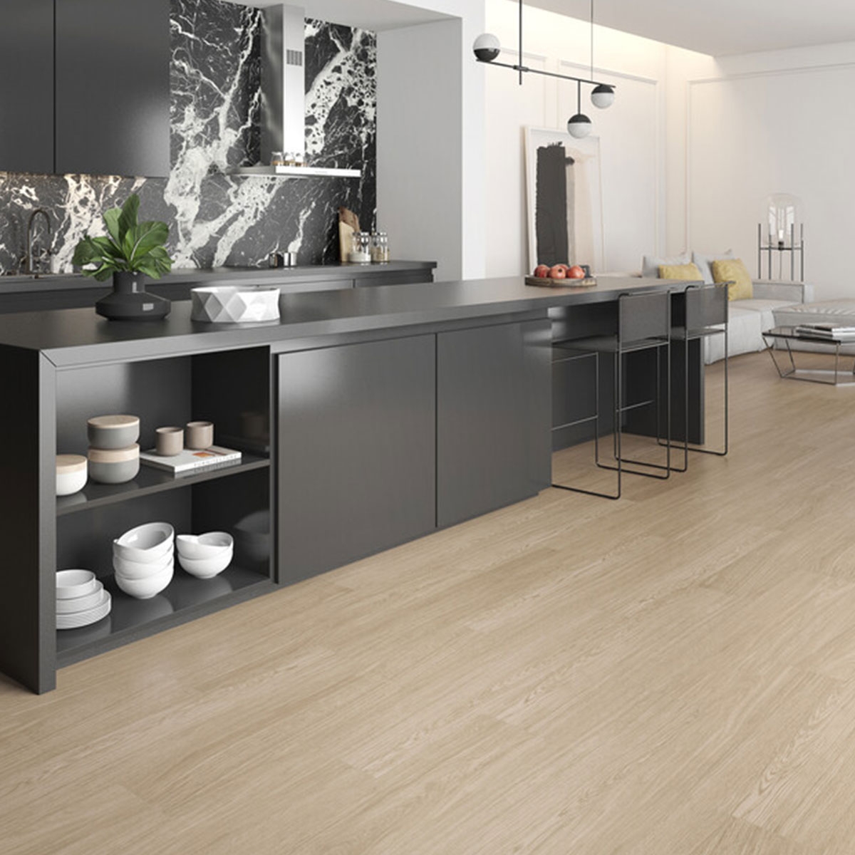 Interior con pavimento Hilda Cream 20x120