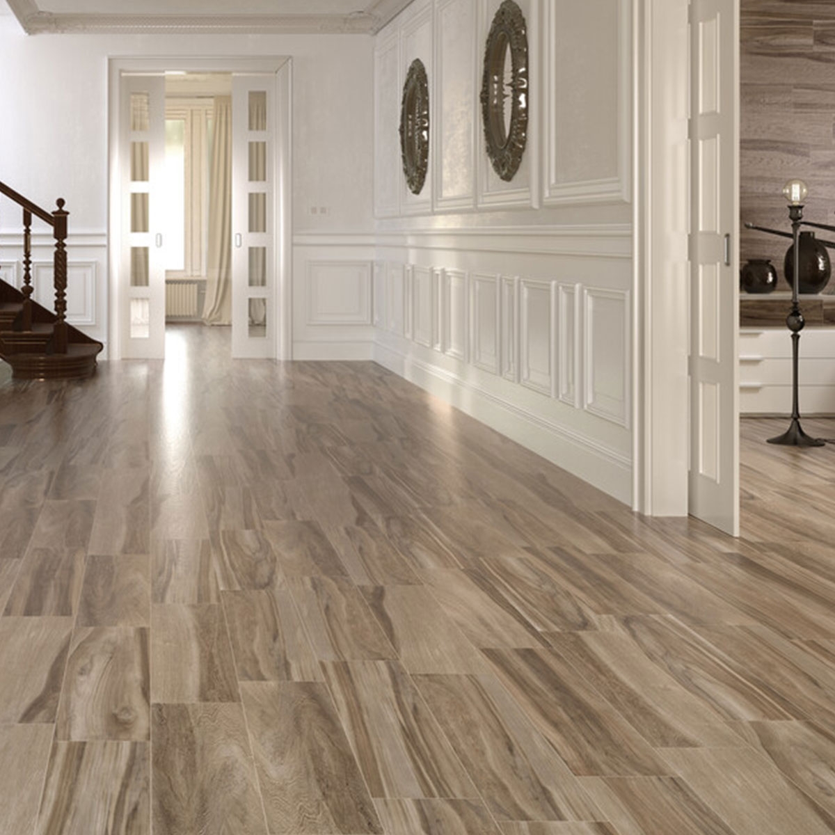 Interior con pavimento Keywood Honey 22.5x90