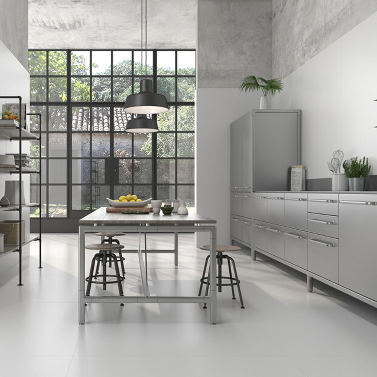 Interior con pavimento y revestimiento Lambert White 120x120