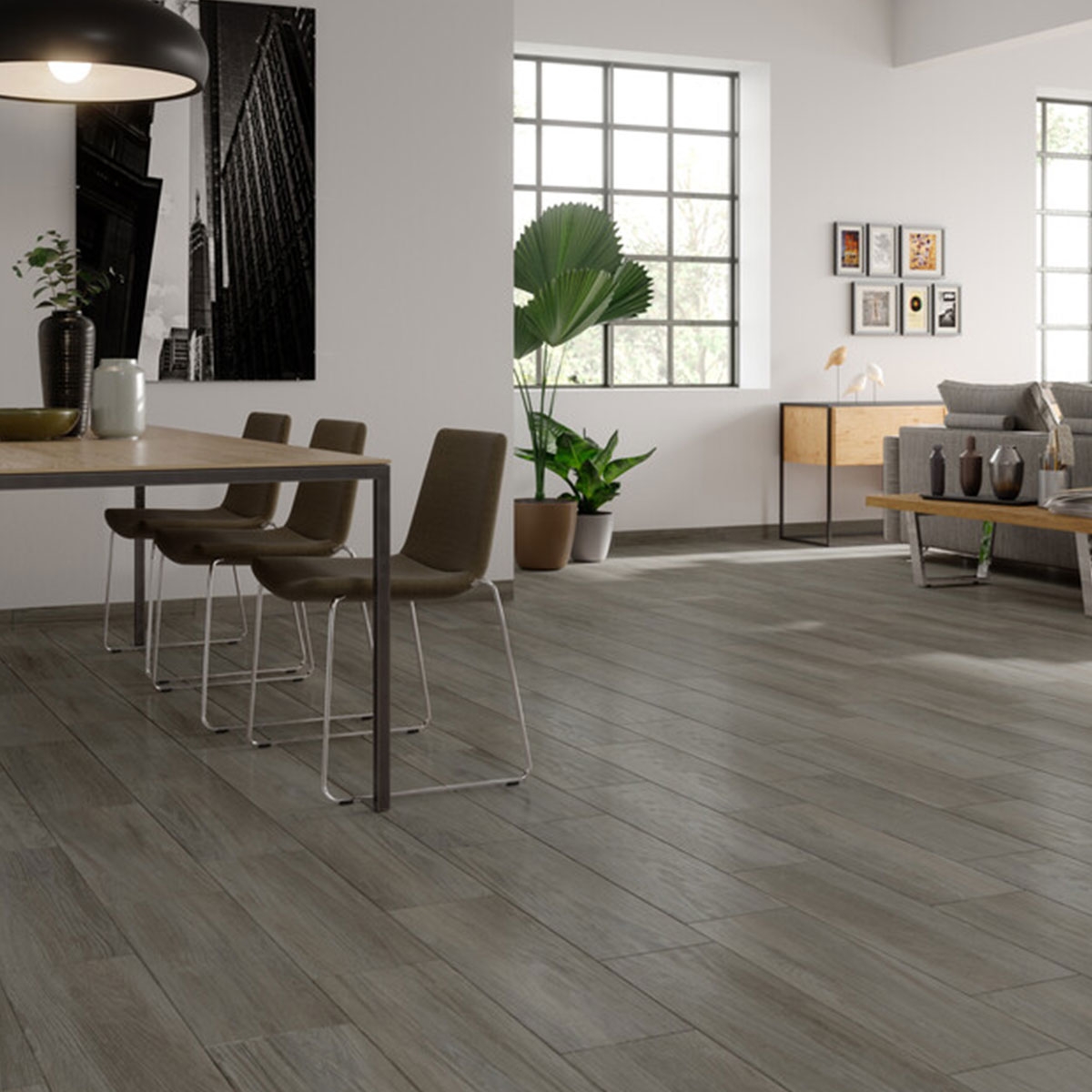 Interior con pavimento Landes Taupe 22.5x90