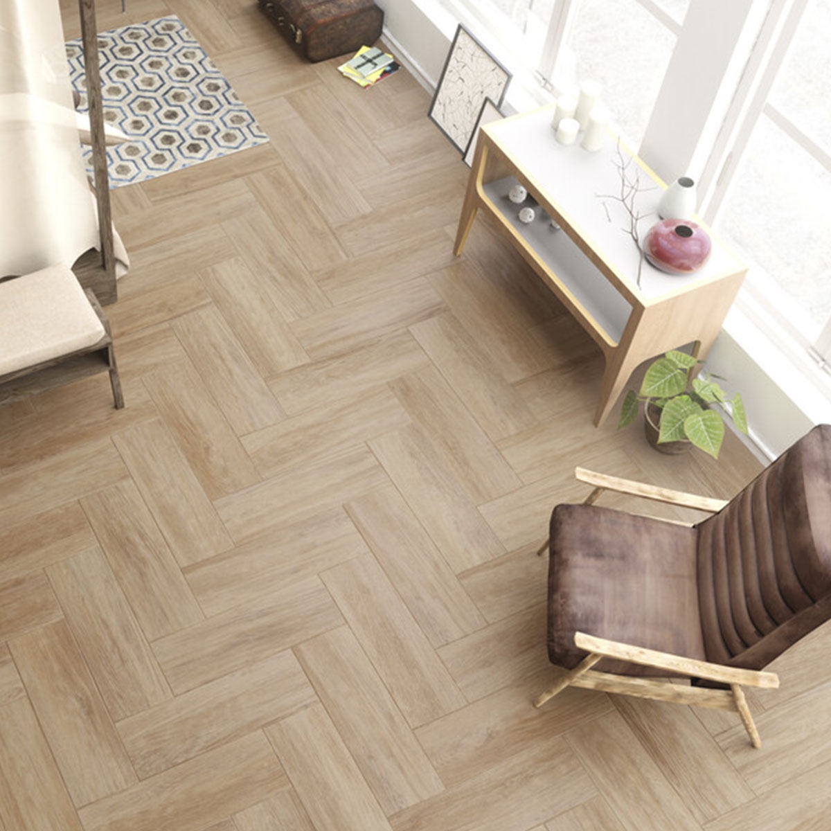 Interior con pavimento Landes Miel 22.5x90