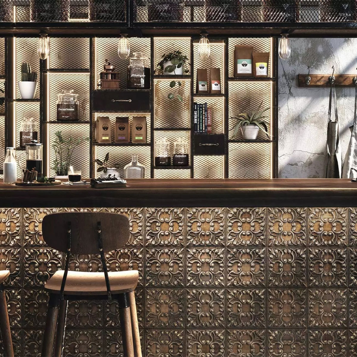 Ambiente con Tin Tile Copper 44x44 (Caja 1.17m2)