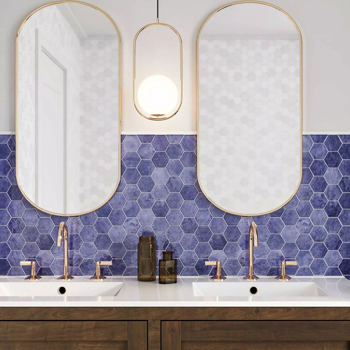 Bathroom with Hex Zellige Azure 26.5x51 cladding