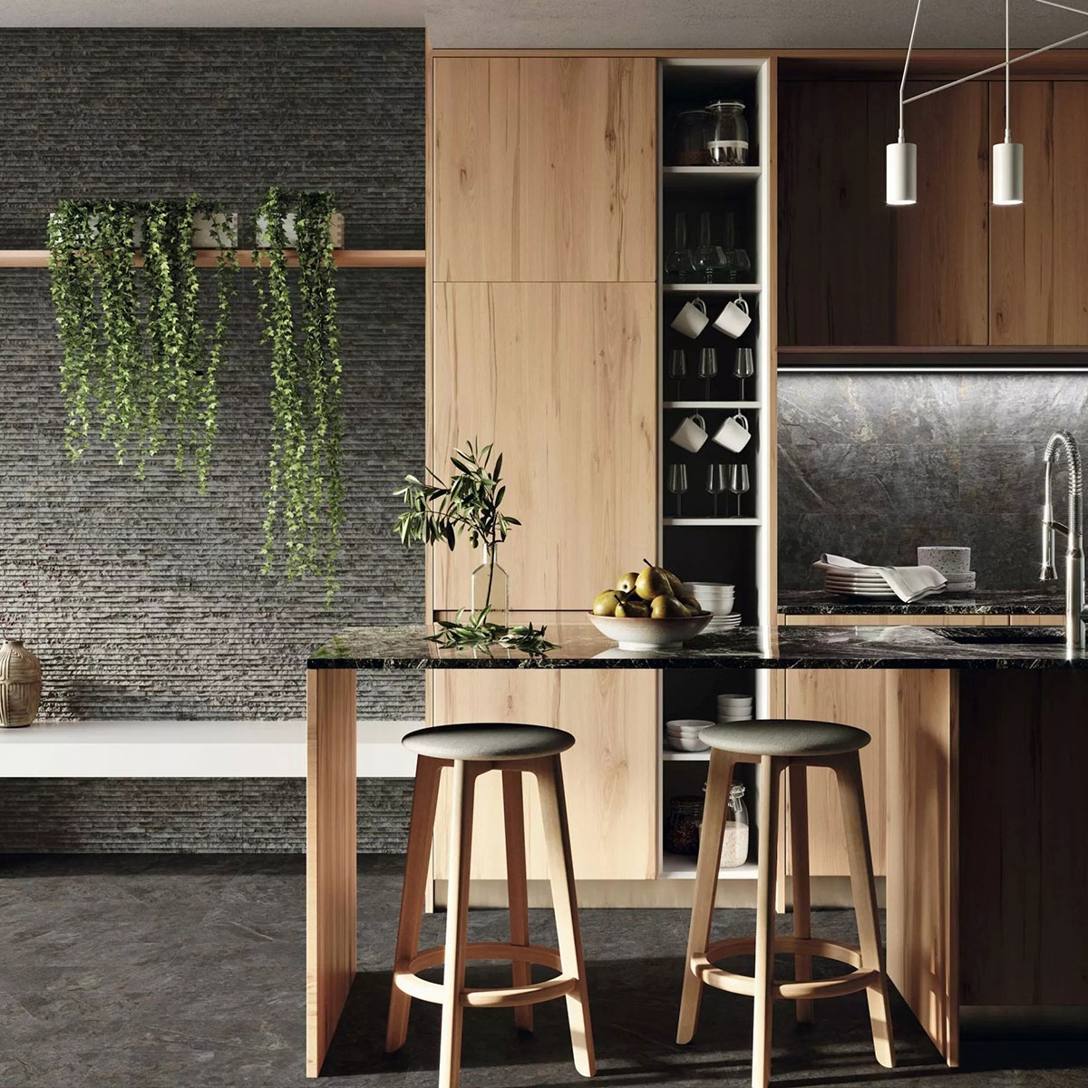 Cozinha com revestimento a carvão de parede Iguaçu 21x63 (Caixa 0,93m2)