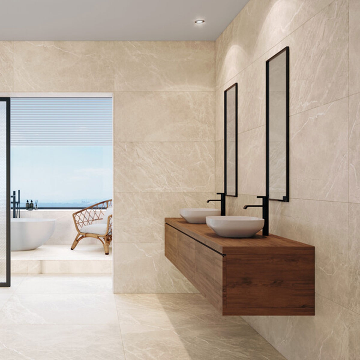 Baño con pavimento y revestimiento Livia Cream Mate 60x120